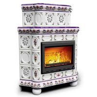 КимрПечь Изразцовый камин Медальон угловой двухъярусный Ирисы (топка: Ладья-600)