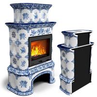 КимрПечь Изразцовая печь для дома Прованс с дровником пристенный двухъярусный Дельфт (топка: Ладья-600)