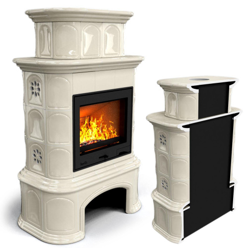 КимрПечь Прованс с дровником пристенный двухъярусный Ваниль (топка: Ладья-700)